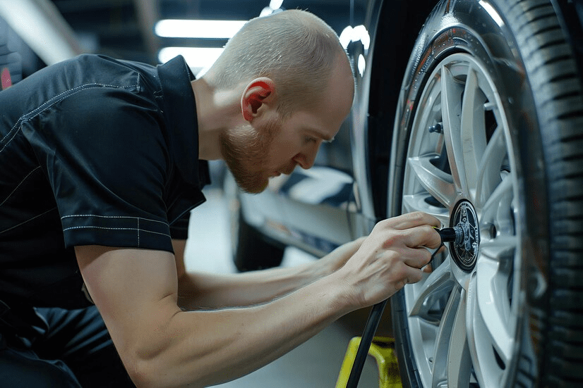 A man with a beard is working on a wheel with a yellow tape A man with a beard is working on a wheel with a yellow tape